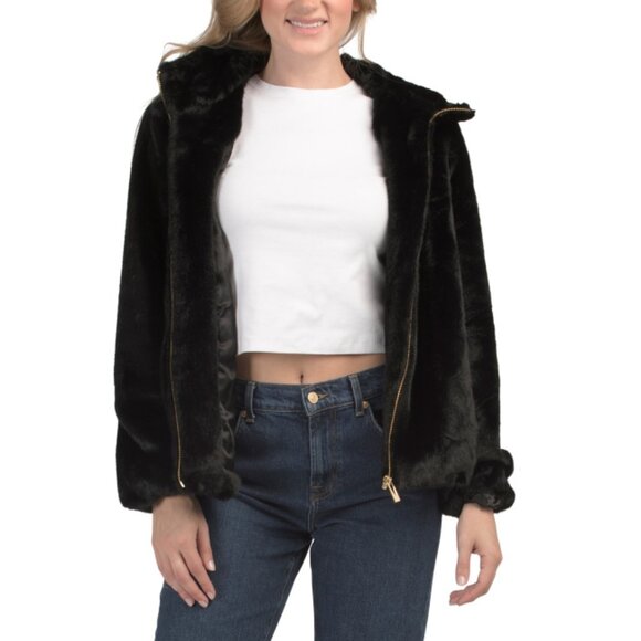 VIA SPIGA Black Faux Fur Hooded Jacket - Picture 1 of 2